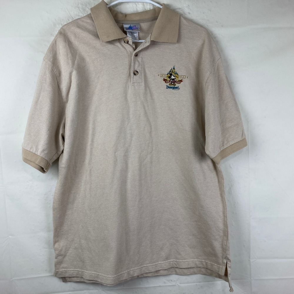 Y2k VTG Disneyland Resort Polo Shirt‎ Mens L Tan Mickey Mouse Castle